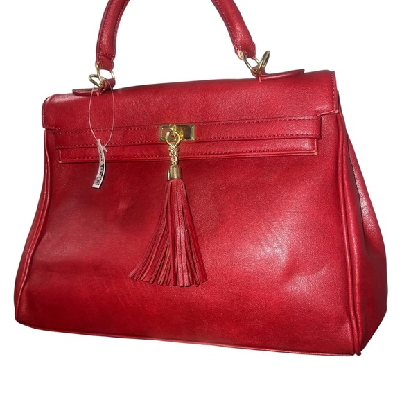 Aldo Crimson Satchel Red Faux Leather Top Handel Bag With Tassel Gold